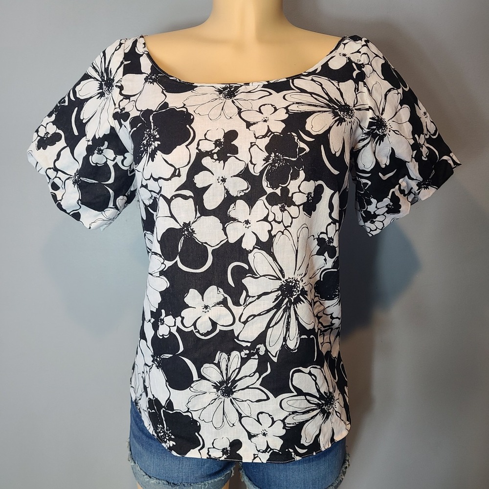 Courtney Washington Flowy Top‎ Womens Sz Small Linen Floral Resort Vtg Coastal